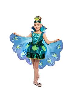 Peacock Dress with Feather Wings and Headband for Girls Halloween Costume and Animal Costumes for Kids