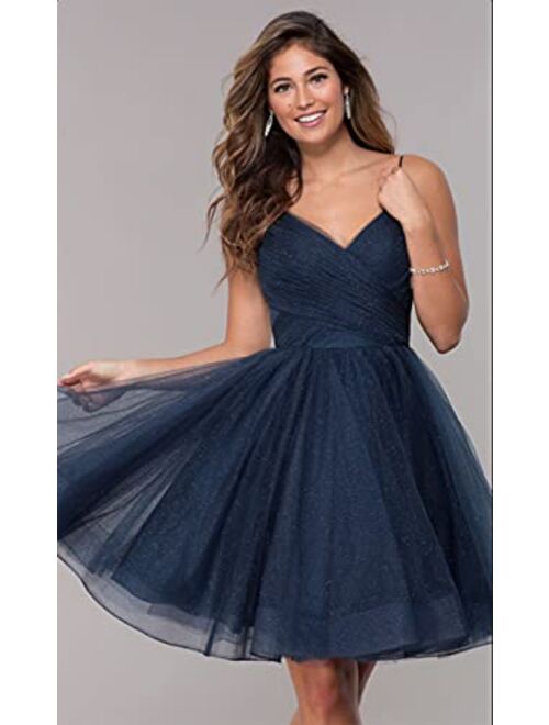 WaterDress Short V-Neck Tulle Homecoming Dresses Sparkly for Teens Spaghetti Straps Cocktail Dresses WD039