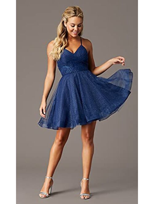 WaterDress Short V-Neck Tulle Homecoming Dresses Sparkly for Teens Spaghetti Straps Cocktail Dresses WD039