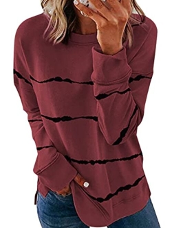 Acelitt Women Long Sleeve Crewneck Sweatshirt Side Split Pullover Tops