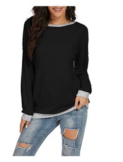JINKESI Women Long Sleeve Tops Color Block Sweatshirts Round Neck Loose Tunic Top