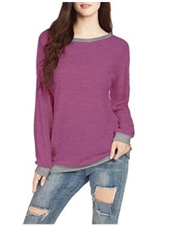 JINKESI Women Long Sleeve Tops Color Block Sweatshirts Round Neck Loose Tunic Top