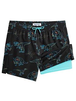 Mens Swim Trunks with Compression Liner 5" Stretch Beach Shorts Quick Dry with Zipper Pockets No-Chafing Board Shorts