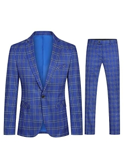 Mens 2 PCS Plaid Suits Slim Purple Khaki Formal Suit Checkered Blazer Jacket Pants