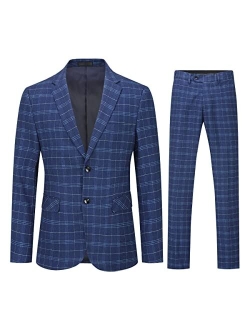 Mens 2 PCS Plaid Suits Slim Purple Khaki Formal Suit Checkered Blazer Jacket Pants