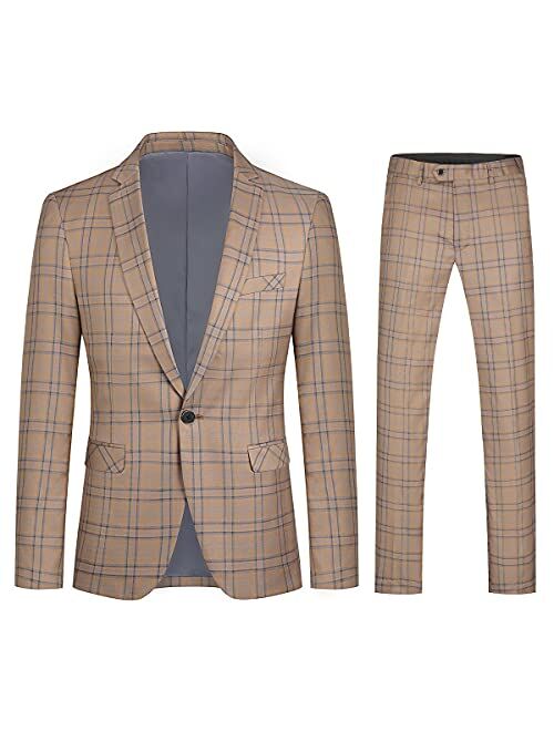 Cloudstyle Mens 2 PCS Plaid Suits Slim Purple Khaki Formal Suit Checkered Blazer Jacket Pants