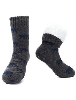 Mens Fuzzy Warm Slipper Socks Non Slip Skid Winter Cozy Knit Fleece Lining Indoor Socks with Grips for Men Teen