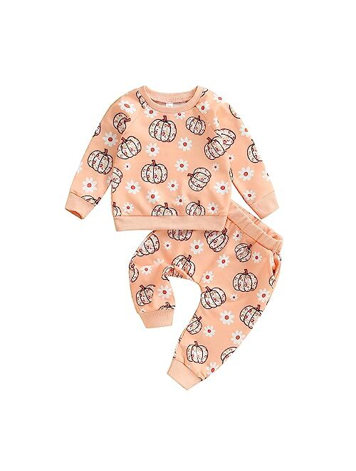mdnhsb Toddler Baby Girl Clothes Flower Pumpkin Print Sweatshirts Elastic Waist Long Pants Sets Halloween Outfits