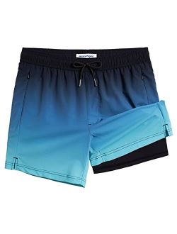 5inch Mens Swimming Trunks with Compression Liner 2-in-1 Swim Trunks Stretch Quick Dry Swim Shorts Zipper Pockets