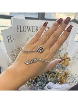 dnswez Unique Leaf Design Statement Ring Full CZ Multiple Finger Ring Silver Hand Palm Ring Bracelet Jewelry Gift for Women Adjustable Size