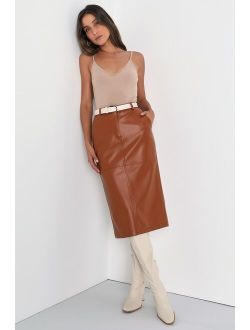 Smooth Charmer Brown Vegan Leather High-Rise Midi Skirt