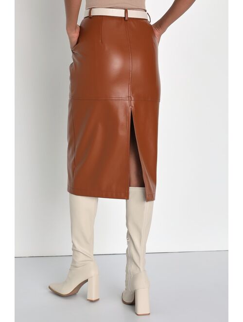Lulus Smooth Charmer Brown Vegan Leather High-Rise Midi Skirt
