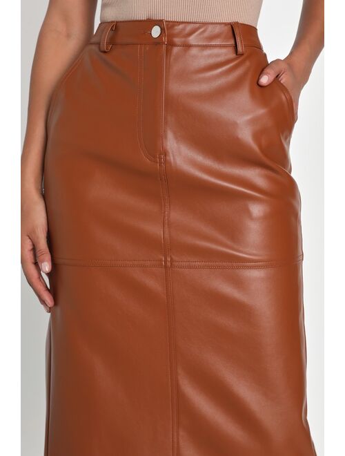 Lulus Smooth Charmer Brown Vegan Leather High-Rise Midi Skirt