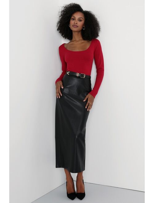 Lulus Bold Allure Black Vegan Leather High-Rise Midi Skirt
