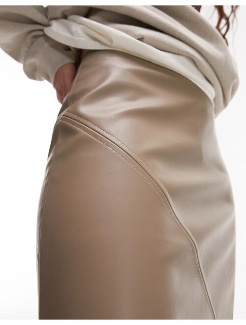 Topshop leather look clean midi skirt in fawn