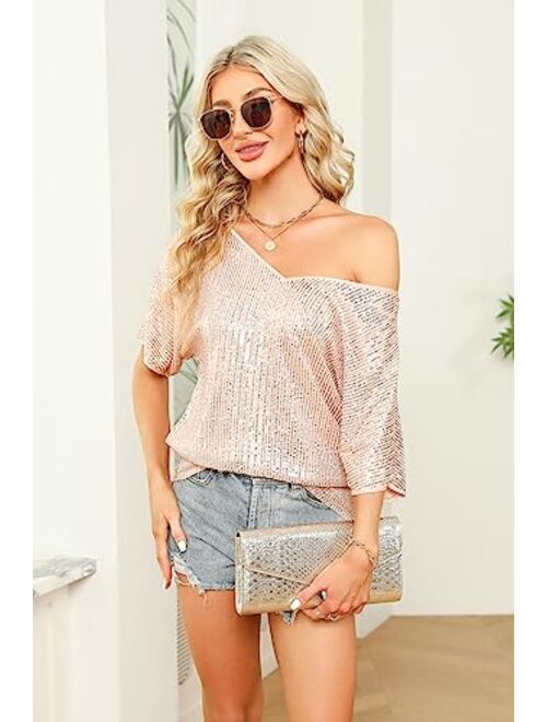 Maysteppe Women Sequin Top, Sexy V Neck Short Sleeve Sequin Shirt Glitter Party Disco Sparkle Top Blouse for Party Club Concert