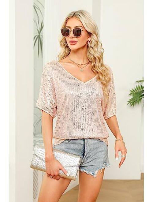 Maysteppe Women Sequin Top, Sexy V Neck Short Sleeve Sequin Shirt Glitter Party Disco Sparkle Top Blouse for Party Club Concert