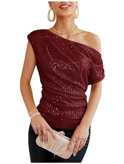 One Shoulder Sequin Sparkly Tops for Women Ruched Asymmetrical Glitter Tops Slimming Sparkle Party Shirts