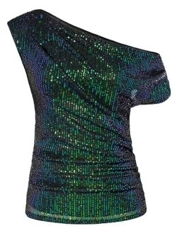 One Shoulder Sequin Sparkly Tops for Women Ruched Asymmetrical Glitter Tops Slimming Sparkle Party Shirts
