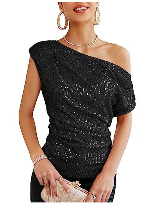 GRACE KARIN One Shoulder Sequin Sparkly Tops for Women Ruched Asymmetrical Glitter Tops Slimming Sparkle Party Shirts