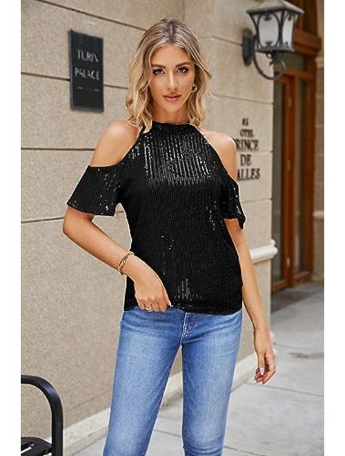 JASAMBAC Sequin Tops for Women Halter Neck Sparkle Glitter Party Night Tops Cold Shoulder Cocktail Disco Club Blouses