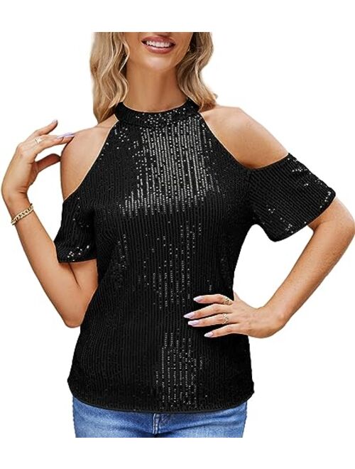 JASAMBAC Sequin Tops for Women Halter Neck Sparkle Glitter Party Night Tops Cold Shoulder Cocktail Disco Club Blouses