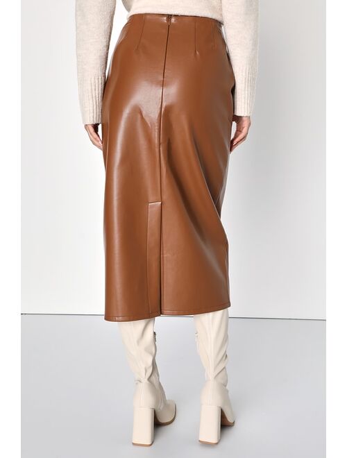 Lulus Bold Sophistication Brown Vegan Leather High-Rise Midi Skirt