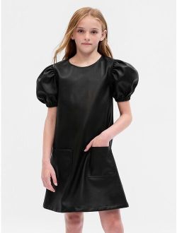Kids Puff Sleeve Faux-Leather Dress