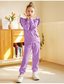 Girls 2 Piece Outfits Velour Tracksuit Cute Clothes Sweatsuit Ruffle Pullover Sweatshirt Sweatpants Clothing Sets
