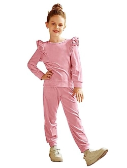Girls 2 Piece Outfits Velour Tracksuit Cute Clothes Sweatsuit Ruffle Pullover Sweatshirt Sweatpants Clothing Sets
