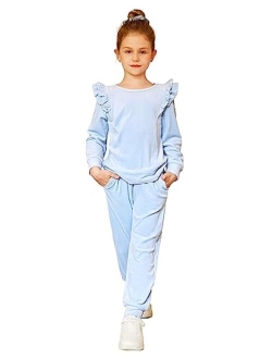 Girls 2 Piece Outfits Velour Tracksuit Cute Clothes Sweatsuit Ruffle Pullover Sweatshirt Sweatpants Clothing Sets