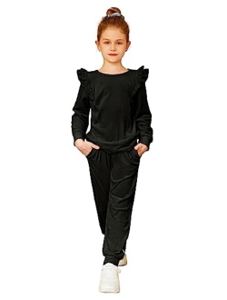Girls 2 Piece Outfits Velour Tracksuit Cute Clothes Sweatsuit Ruffle Pullover Sweatshirt Sweatpants Clothing Sets