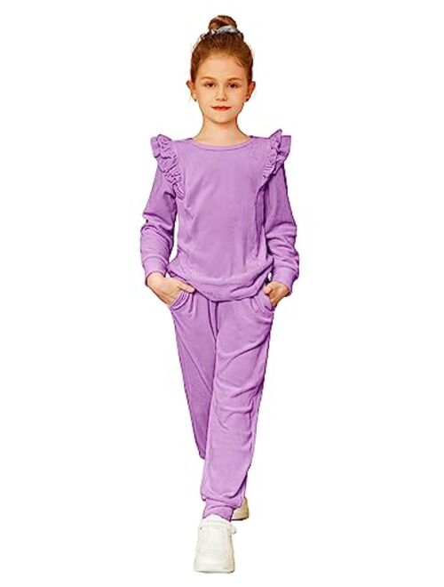 Arshiner Girls 2 Piece Outfits Velour Tracksuit Cute Clothes Sweatsuit Ruffle Pullover Sweatshirt Sweatpants Clothing Sets