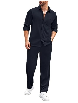 Men's 2 Piece Outfits Casual Long Sleeve Button Down Shirt and Pants Sets Loungewear Streetwear Walking Suits