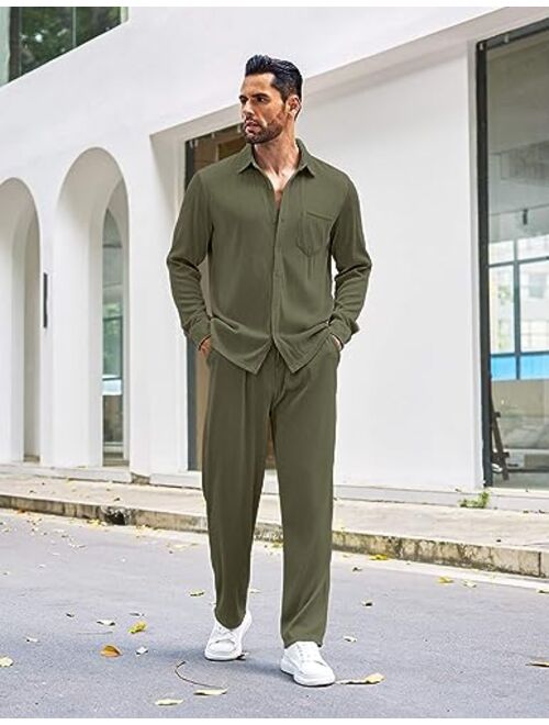COOFANDY Men's 2 Piece Outfits Casual Long Sleeve Button Down Shirt and Pants Sets Loungewear Streetwear Walking Suits