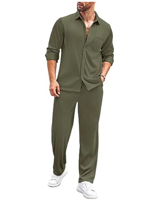 COOFANDY Men's 2 Piece Outfits Casual Long Sleeve Button Down Shirt and Pants Sets Loungewear Streetwear Walking Suits