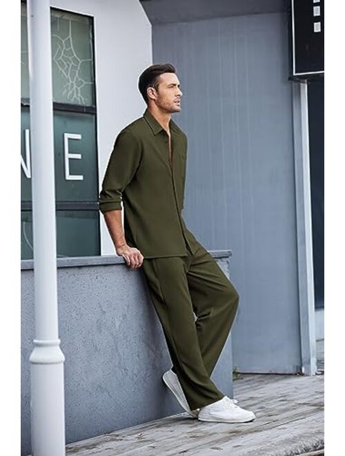 COOFANDY Men's 2 Piece Outfits Casual long Sleeve Button Down Shirt and Loose Pant Sets Streetwear Walking Suit Sets