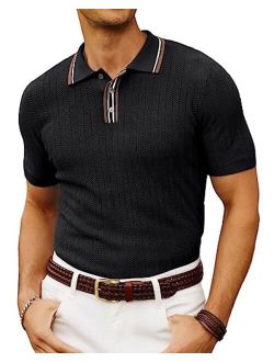 Mens Knitted Polo Shirts Short Sleeve Textured Pullover Golf Polo T Shirts