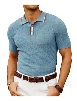 Mens Knitted Polo Shirts Short Sleeve Textured Pullover Golf Polo T Shirts