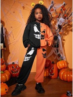 SHEIN Kids Cooltwn Tween Girl Two Tone Halloween Print Drop Shoulder Hoodie & Sweatpants