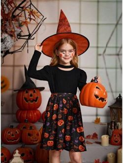 Tween Girl Solid Tee & Halloween Print Skirt