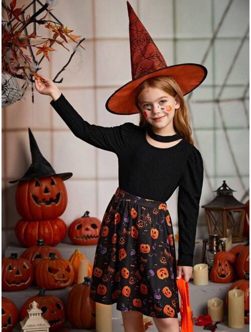 Shein Tween Girl Solid Tee & Halloween Print Skirt