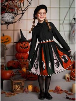 Tween Girl Halloween Print Button Front Shirt Dress