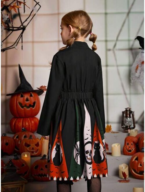 Shein Tween Girl Halloween Print Button Front Shirt Dress
