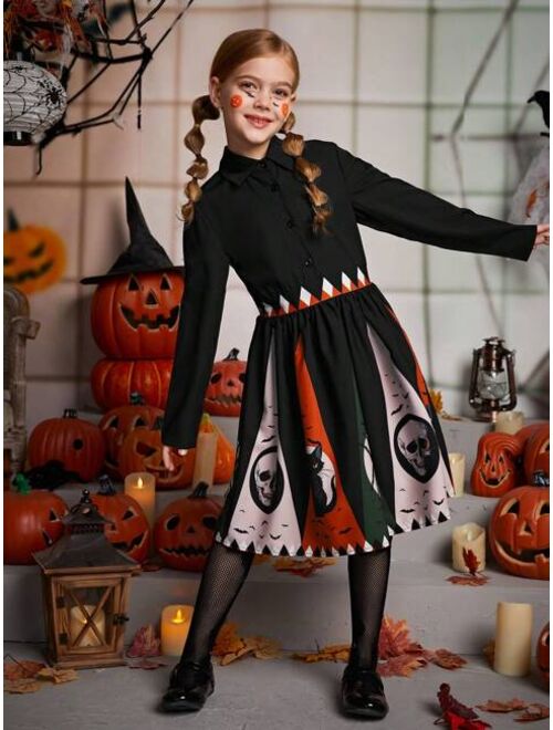 Shein Tween Girl Halloween Print Button Front Shirt Dress