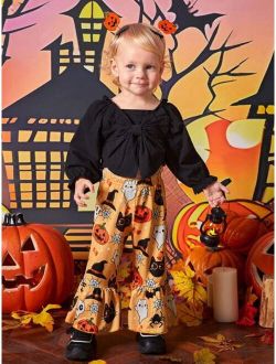 Baby Girl Bow Front Flounce Sleeve Top & Halloween Print Flare Leg Pants