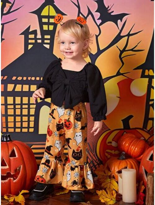 SHEIN Baby Girl Bow Front Flounce Sleeve Top & Halloween Print Flare Leg Pants