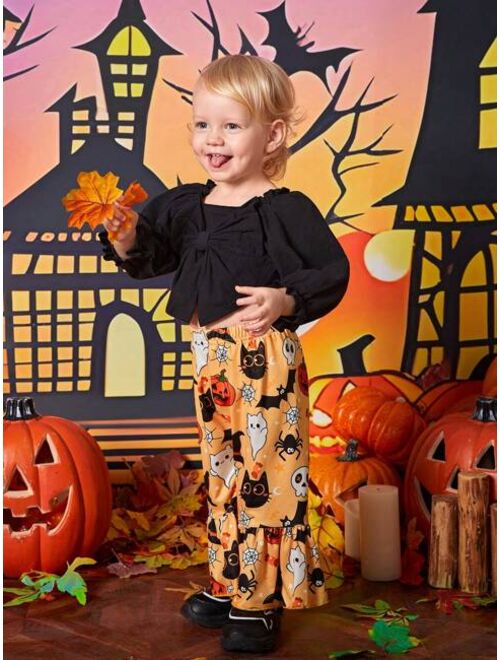SHEIN Baby Girl Bow Front Flounce Sleeve Top & Halloween Print Flare Leg Pants