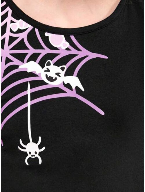 SHEIN Tween Girl Spider Web Print Tee & Asymmetrical Hem Mesh Skirt