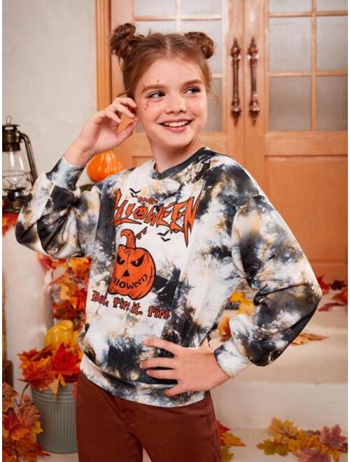 SHEIN Tween Girl Halloween Print Tie Dye Sweatshirt